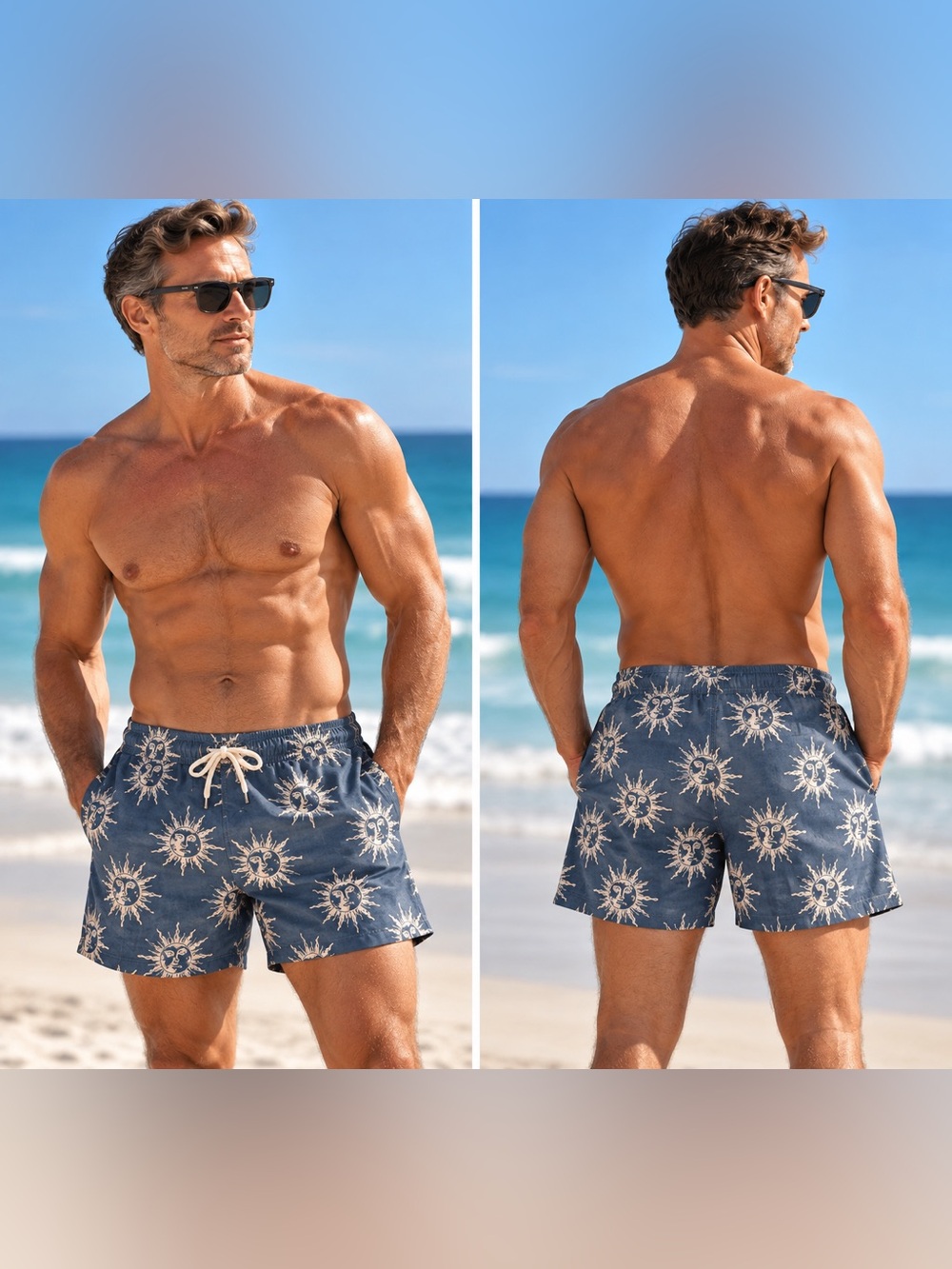 ASOS DESIGN swim shorts with celestial sun face print DESIGN Celestial Sun Face